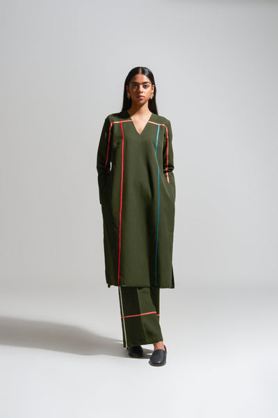 MC STRIPE OLIVE KURTA PANT